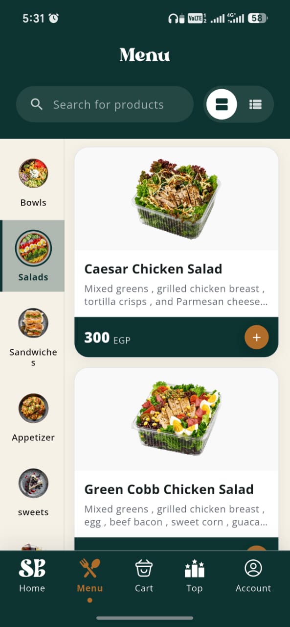 Menu screen